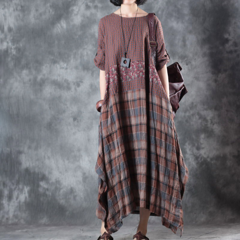 Fine Chocolate Linen Maxi Dress Oversize O Neck Plaid Grid Patchwork Linen Gown Half Sleeve Pockets Caftans
