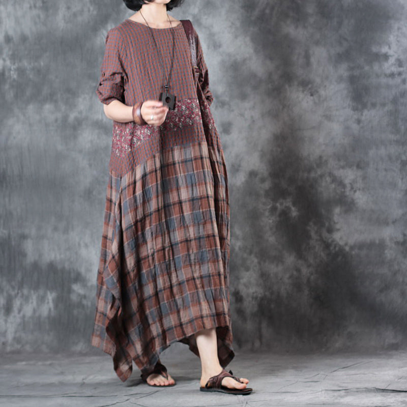 Fine Chocolate Linen Maxi Dress Oversize O Neck Plaid Grid Patchwork Linen Gown Half Sleeve Pockets Caftans