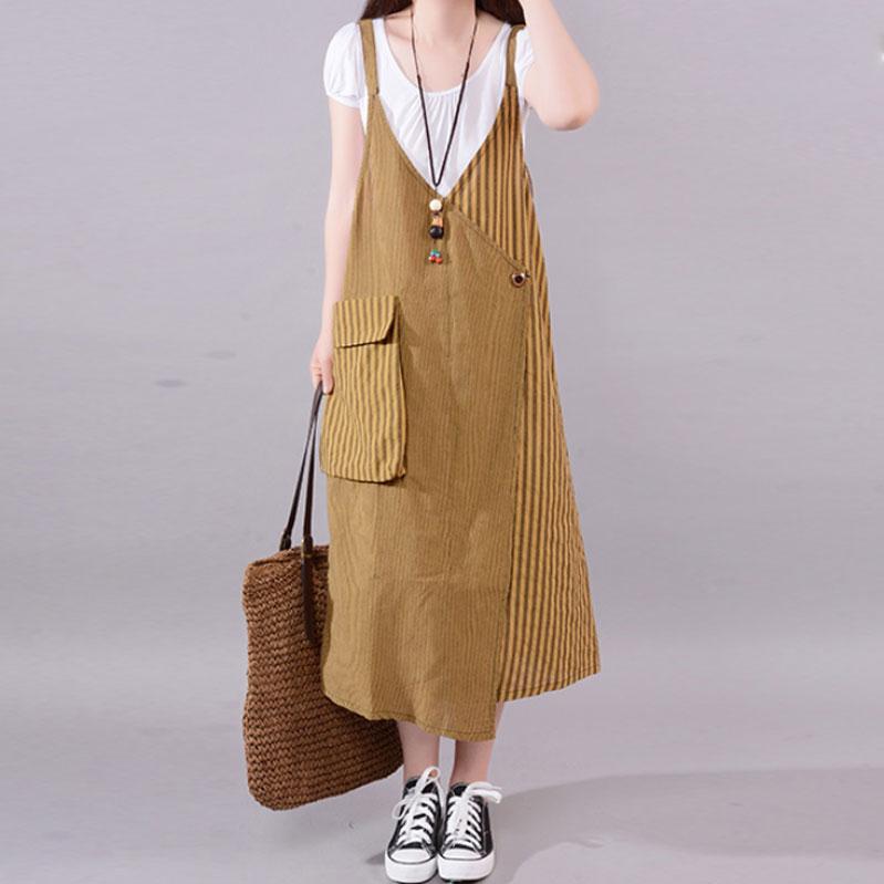 Fine Cotton Blended Summer Dress Stripe Big Pocket Loose Suspender Dress