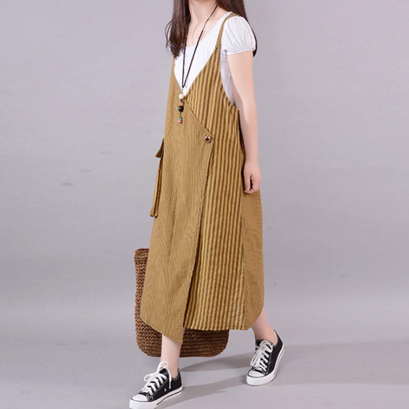Fine Cotton Blended Summer Dress Stripe Big Pocket Loose Suspender Dress