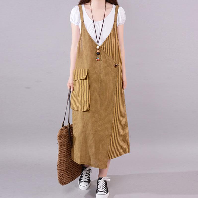 Fine Cotton Blended Summer Dress Stripe Big Pocket Loose Suspender Dress