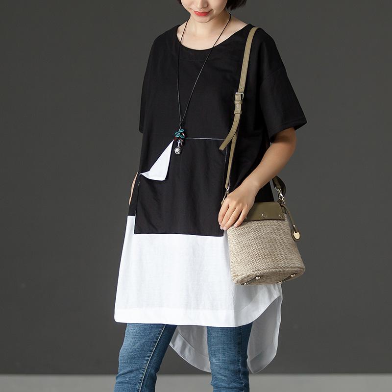 Fine Cotton Blended Tops Oversized Black Summer High-low Hem Short Sleeve Shirts