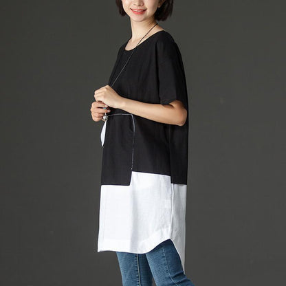 Fine Cotton Blended Tops Oversized Black Summer High-low Hem Short Sleeve Shirts