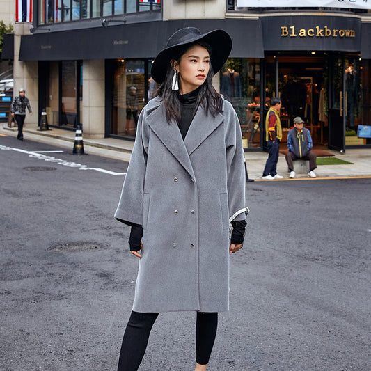 Fine Gray Wool Coat Notched Outwear Boutique Double Breasted Pockets Long Coats
