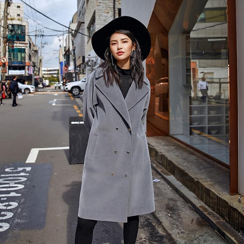 Fine Gray Wool Coat Notched Outwear Boutique Double Breasted Pockets Long Coats