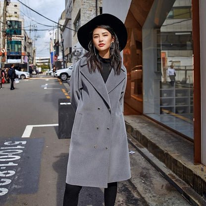 Fine Gray Wool Coat Notched Outwear Boutique Double Breasted Pockets Long Coats