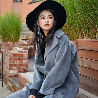Fine Gray Wool Coat Notched Outwear Boutique Double Breasted Pockets Long Coats