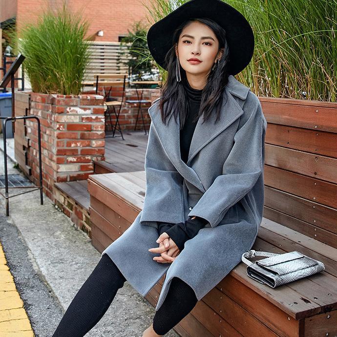 Fine Gray Wool Coat Notched Outwear Boutique Double Breasted Pockets Long Coats