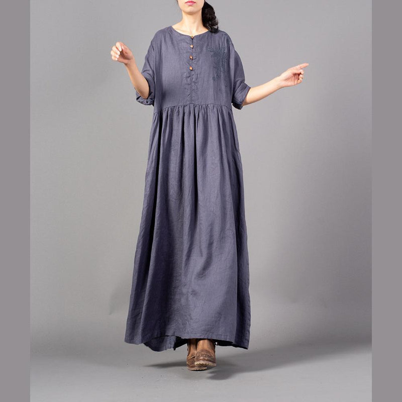 Fine Gray Embroidery Long Linen Dresses O Neck Gown Cinched Linen Caftans