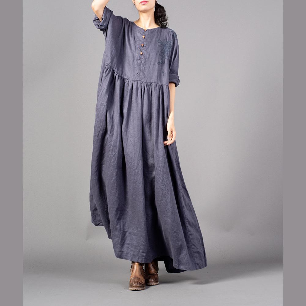 Fine Gray Embroidery Long Linen Dresses O Neck Gown Cinched Linen Caftans