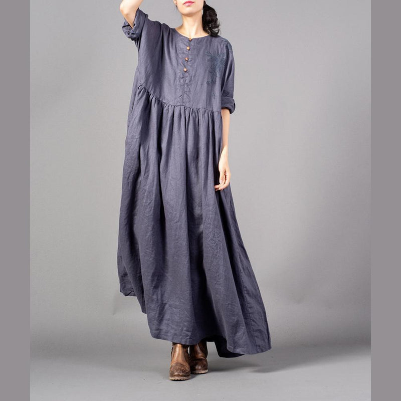 Fine Gray Embroidery Long Linen Dresses O Neck Gown Cinched Linen Caftans