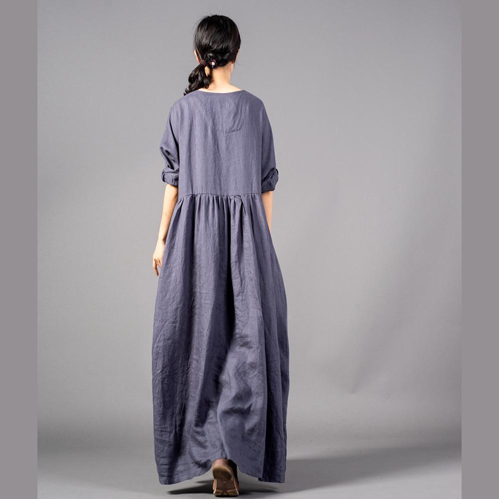 Fine Gray Embroidery Long Linen Dresses O Neck Gown Cinched Linen Caftans