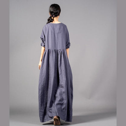 Fine Gray Embroidery Long Linen Dresses O Neck Gown Cinched Linen Caftans