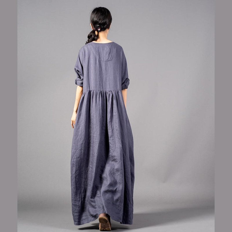 Fine Gray Embroidery Long Linen Dresses O Neck Gown Cinched Linen Caftans
