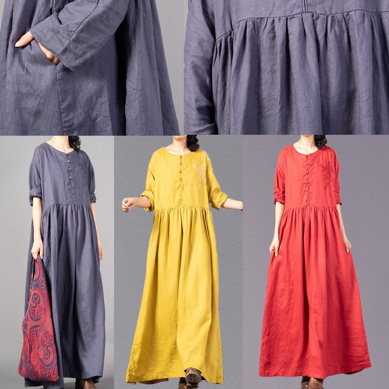 Fine Gray Embroidery Long Linen Dresses O Neck Gown Cinched Linen Caftans