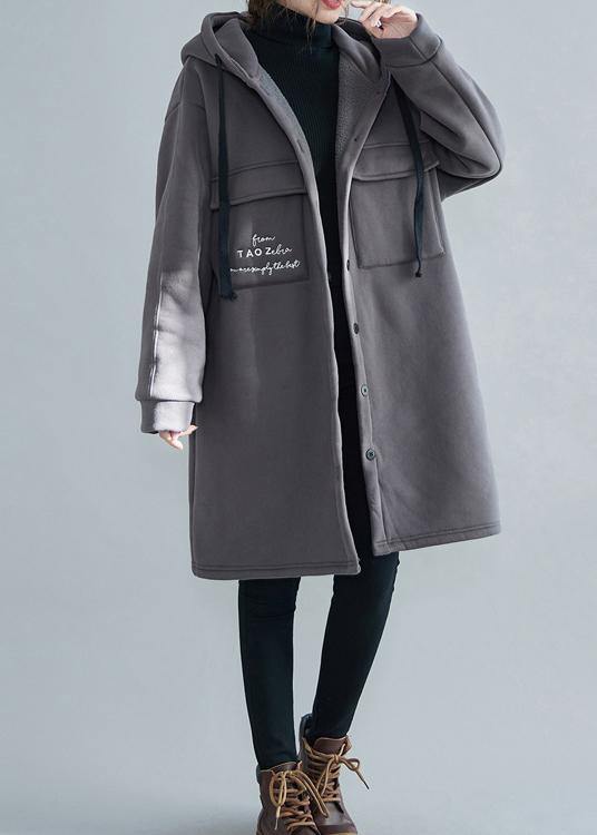 Fine Gray Embroidery Parka Oversize Winter Jacket Hooded Pockets Outwear
