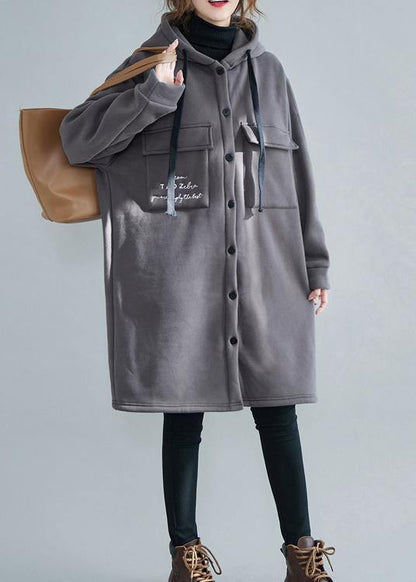 Fine Gray Embroidery Parka Oversize Winter Jacket Hooded Pockets Outwear