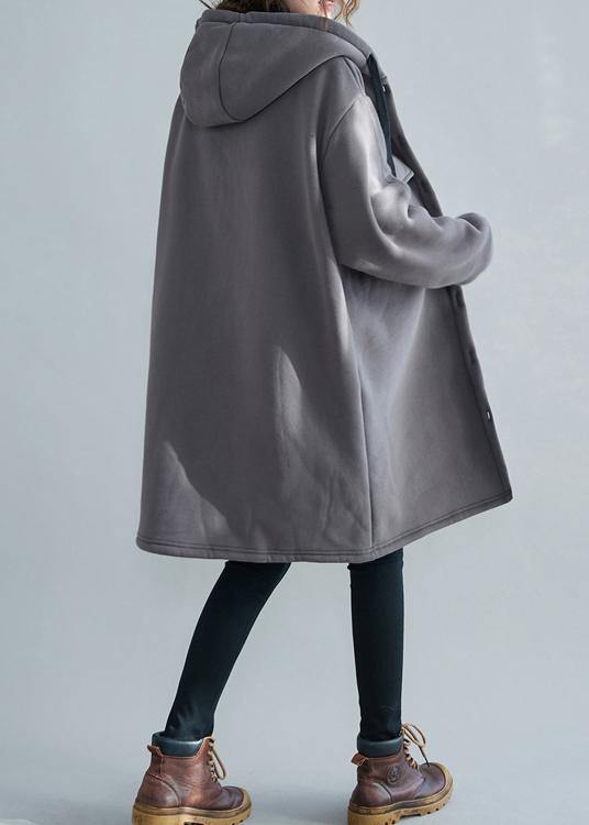 Fine Gray Embroidery Parka Oversize Winter Jacket Hooded Pockets Outwear