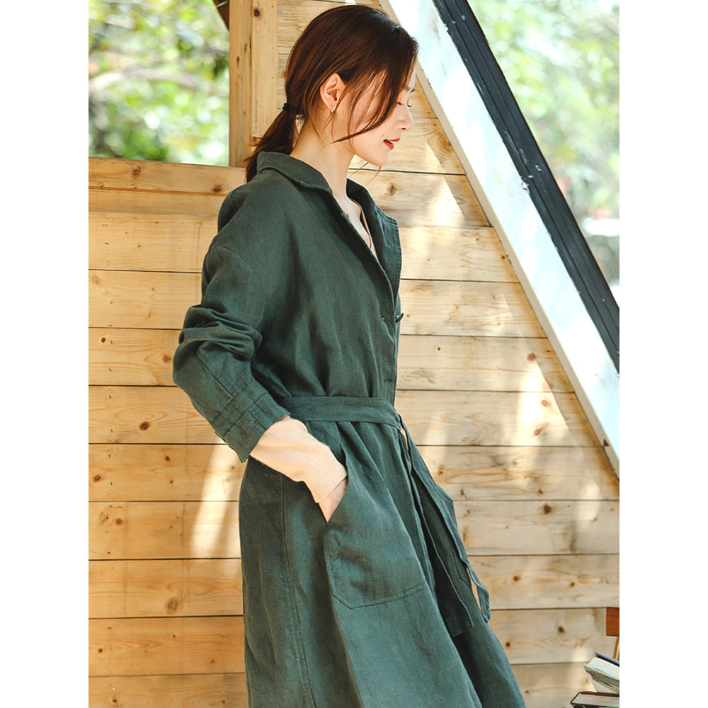 Fine Green Coat Loose Fitting Notched Pockets Fine Long Sleeve Tie Waist Coat