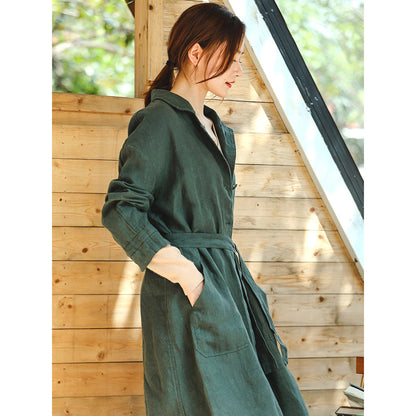 Fine Green Coat Loose Fitting Notched Pockets Fine Long Sleeve Tie Waist Coat