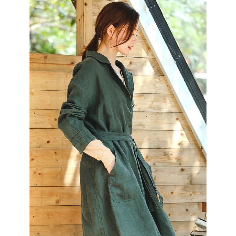 Fine Green Coat Loose Fitting Notched Pockets Fine Long Sleeve Tie Waist Coat