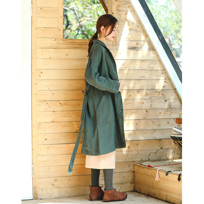 Fine Green Coat Loose Fitting Notched Pockets Fine Long Sleeve Tie Waist Coat