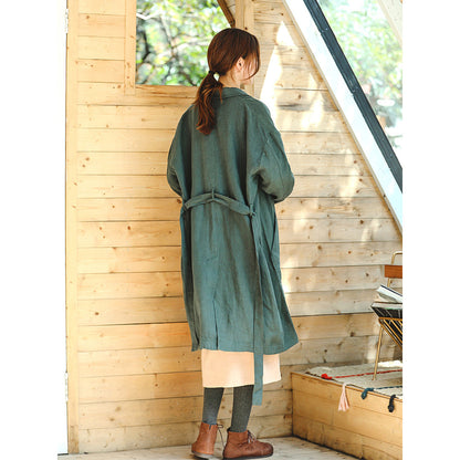 Fine Green Coat Loose Fitting Notched Pockets Fine Long Sleeve Tie Waist Coat
