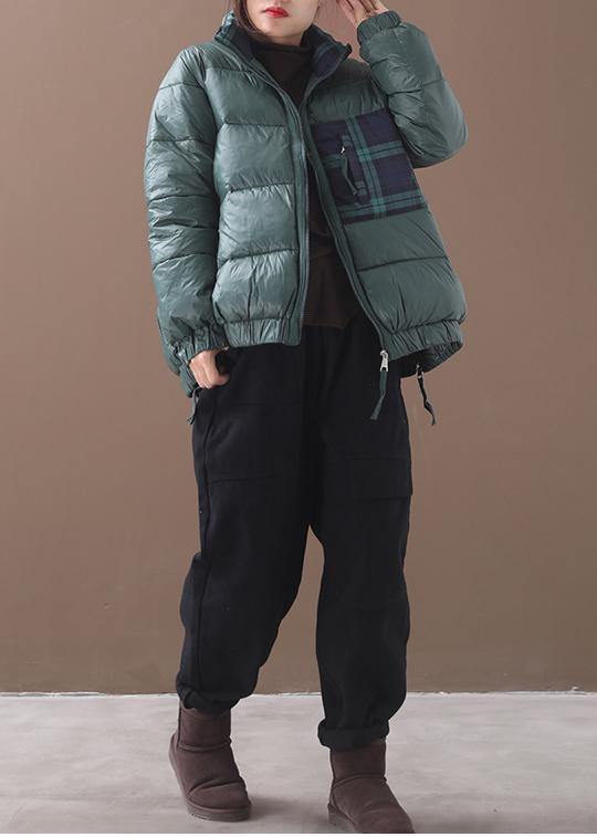 Fine Green Goose Down Coat Loose Fitting Winter Jacket Patchwork Plaid Side Zippered Jackets