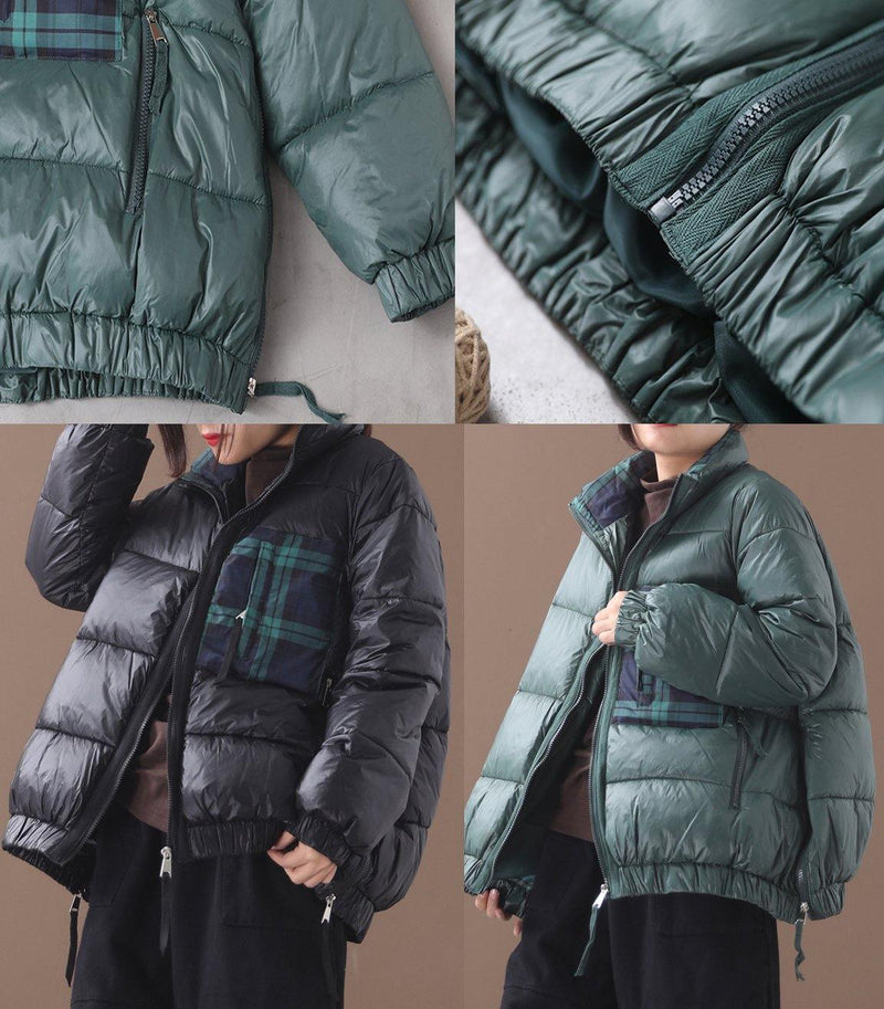 Fine Green Goose Down Coat Loose Fitting Winter Jacket Patchwork Plaid Side Zippered Jackets