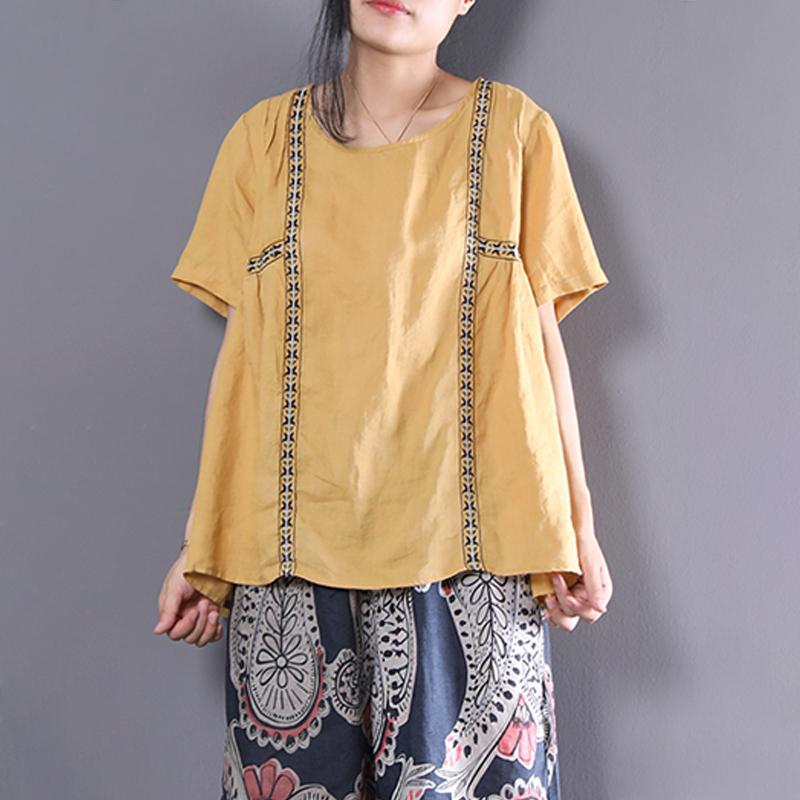 Fine Linen Blouse Linen Loose Short Sleeve Pullover Embroidery Pleated Blouse
