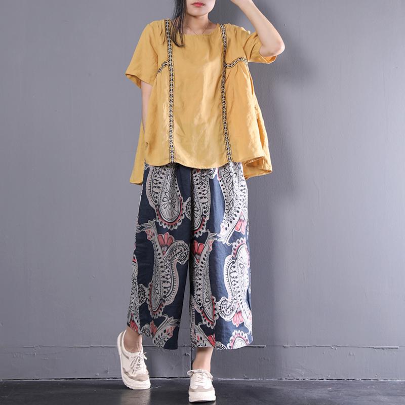 Fine Linen Blouse Linen Loose Short Sleeve Pullover Embroidery Pleated Blouse