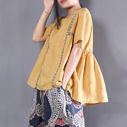 Fine Linen Blouse Linen Loose Short Sleeve Pullover Embroidery Pleated Blouse
