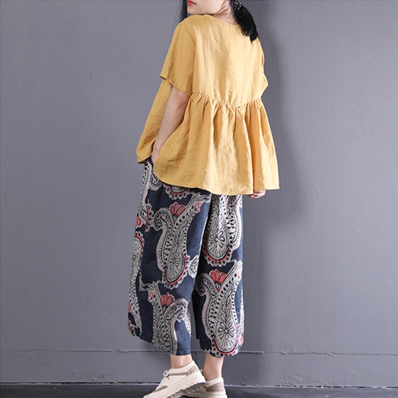 Fine Linen Blouse Linen Loose Short Sleeve Pullover Embroidery Pleated Blouse