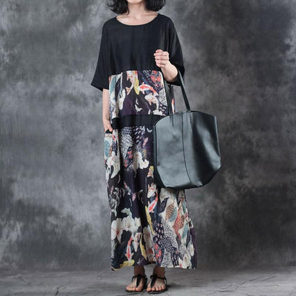 Fine Linen Summer Dress Stylish Retro Round Neck Splicing Flax Printed Short Sleeve Dress