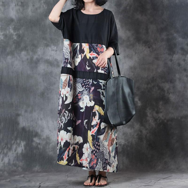 Fine Linen Summer Dress Stylish Retro Round Neck Splicing Flax Printed Short Sleeve Dress