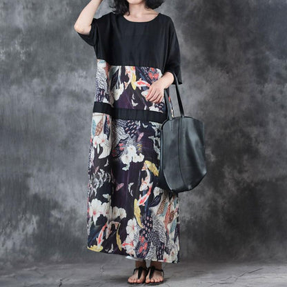 Fine Linen Summer Dress Stylish Retro Round Neck Splicing Flax Printed Short Sleeve Dress