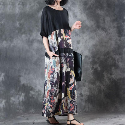 Fine Linen Summer Dress Stylish Retro Round Neck Splicing Flax Printed Short Sleeve Dress
