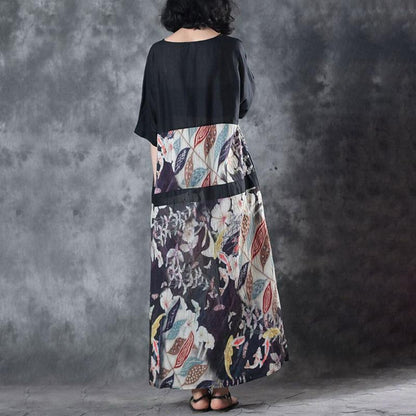 Fine Linen Summer Dress Stylish Retro Round Neck Splicing Flax Printed Short Sleeve Dress