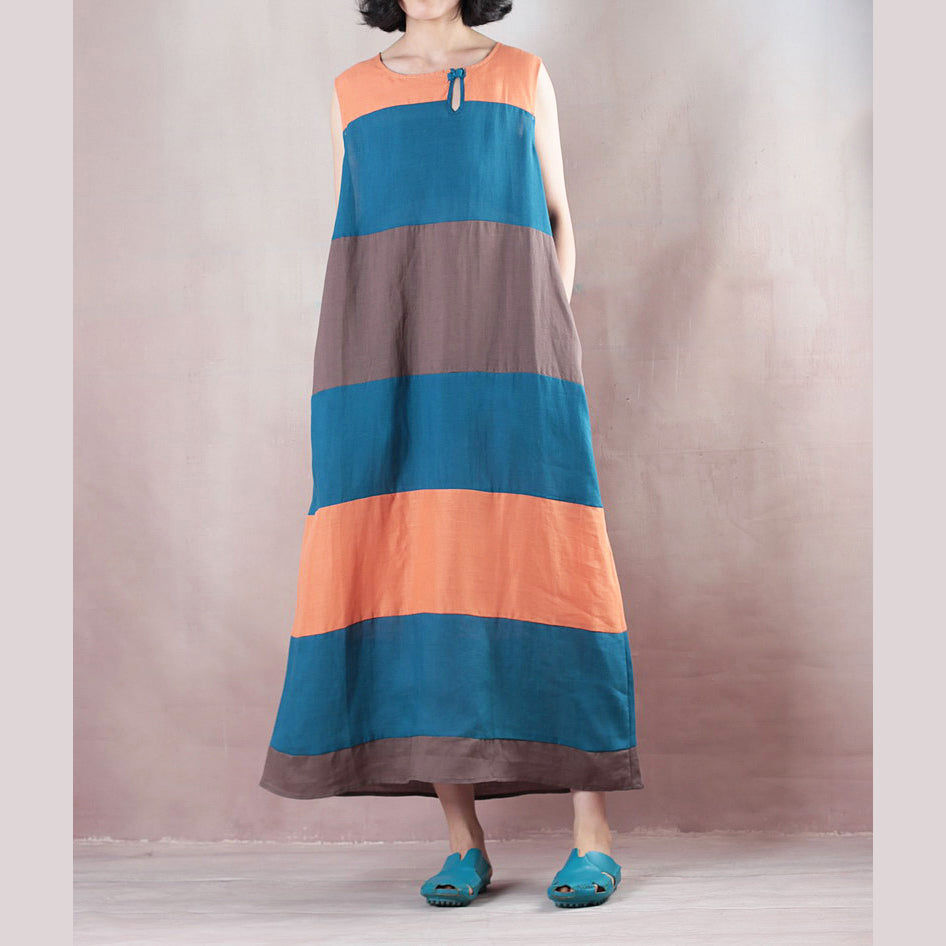 Fine Multicolor Striped Linen Maxi Dress Clothing O Neck Traveling Clothing Sleeveless Baggy Dresses Maxi Dresses