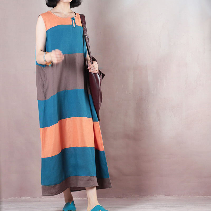 Fine Multicolor Striped Linen Maxi Dress Clothing O Neck Traveling Clothing Sleeveless Baggy Dresses Maxi Dresses
