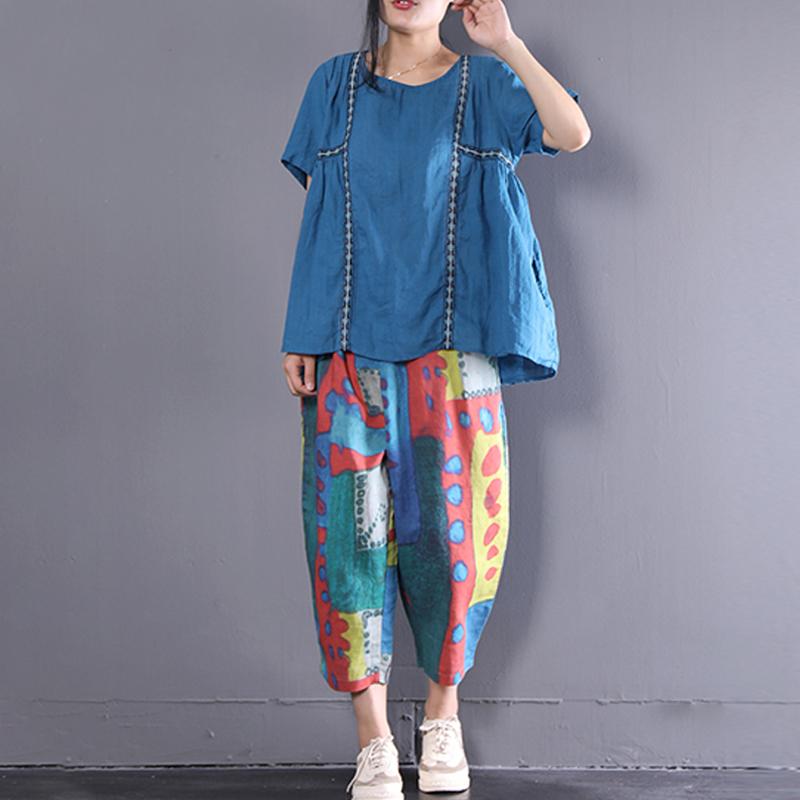 Fine Natural Linen T Shirt Linen Loose Short Sleeve Pullover Embroidery Pleated Blouse