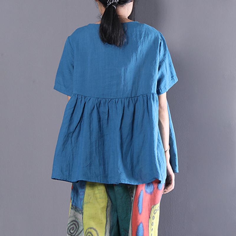 Fine Natural Linen T Shirt Linen Loose Short Sleeve Pullover Embroidery Pleated Blouse