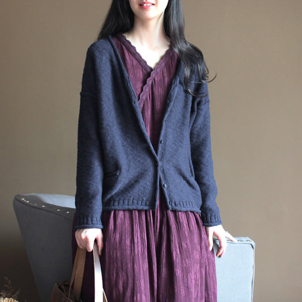 Fine Navy Knit Sweaters Sweaters Fine Cardigans Blouse V Neck