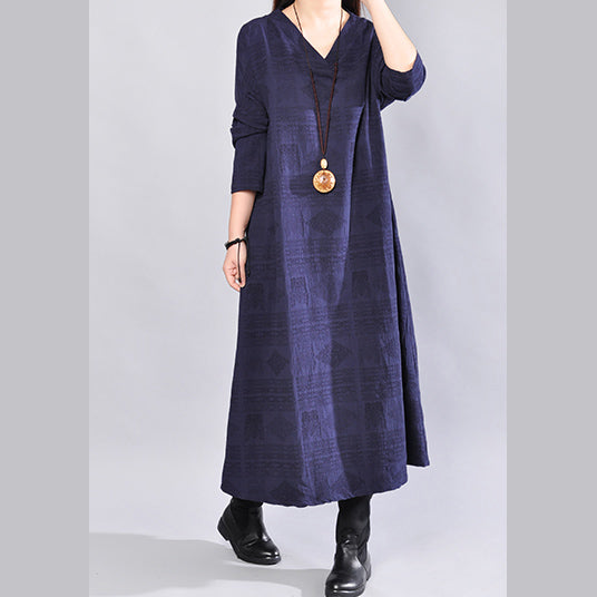 Fine Navy Linen Dress Oversize Traveling Dress Back Side Open V Neck Cotton Dress
