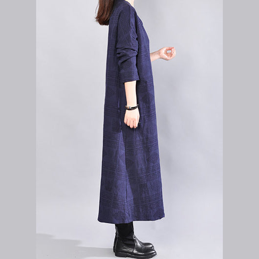 Fine Navy Linen Dress Oversize Traveling Dress Back Side Open V Neck Cotton Dress