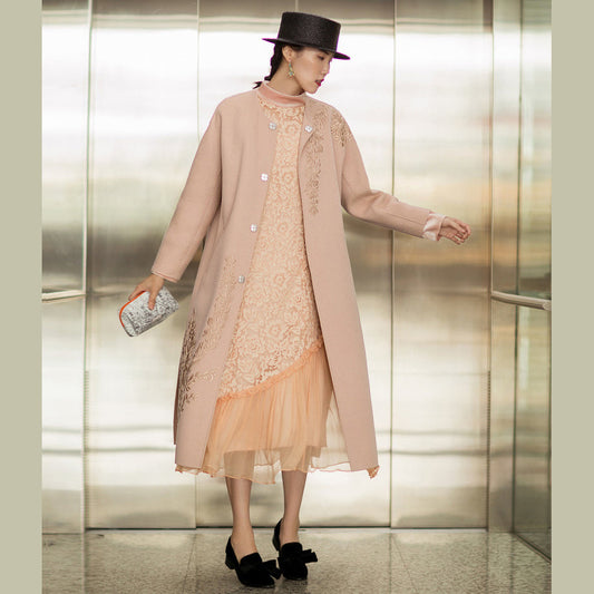 Fine Nude Pink Woolen Coats Oversized Long Sleeve Medium Length Jackets Embroidery Coats
