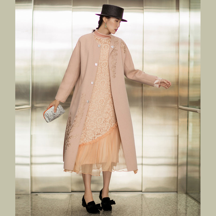 Fine Nude Pink Woolen Coats Oversized Long Sleeve Medium Length Jackets Embroidery Coats