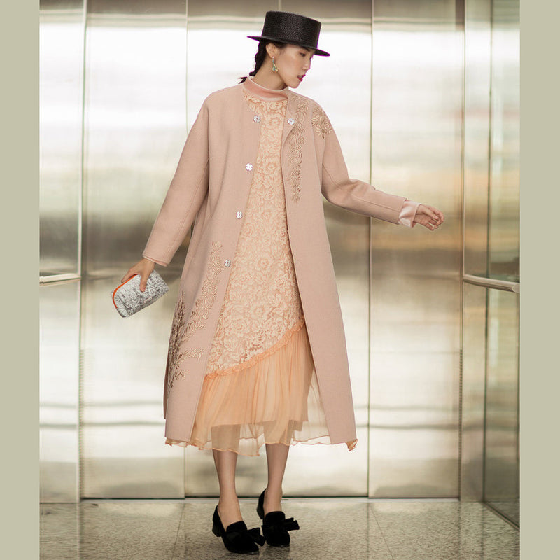 Fine Nude Pink Woolen Coats Oversized Long Sleeve Medium Length Jackets Embroidery Coats