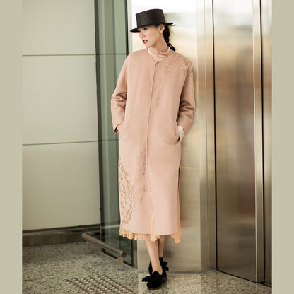 Fine Nude Pink Woolen Coats Oversized Long Sleeve Medium Length Jackets Embroidery Coats