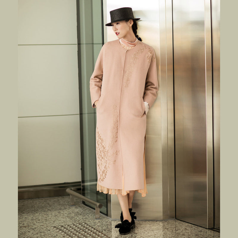 Fine Nude Pink Woolen Coats Oversized Long Sleeve Medium Length Jackets Embroidery Coats